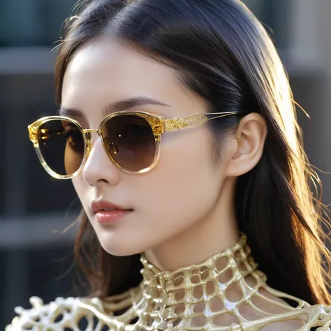 high saturated，wear reflective sunglasses with a thick gold thread，crystal-clear，good sense of perspective，light and shadow effe...