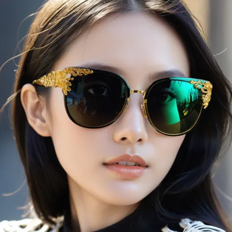 high saturated，wear reflective sunglasses with a thick gold thread，crystal-clear，good sense of perspective，light and shadow effe...