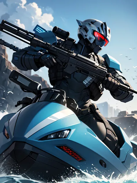 High-tech military suit, Futuristic Design, Armored Exoskeleton, Grey and blue color scheme, Helmet with visor, Military emblems,Reinforced Boots, male,Carrying a bazooka,Have a machine gun,Attack posture,Ride a jet ski,Gliding on the water,maritime,Daytim...