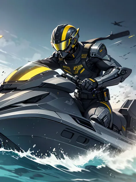 High-tech military suit, Futuristic Design, Armored Exoskeleton, Grey and gold color scheme, Helmet with visor, Military emblems,Reinforced Boots, male,Carrying a bazooka,Have a machine gun,Attack posture,Ride a jet ski,Gliding on the water,maritime,Daytim...