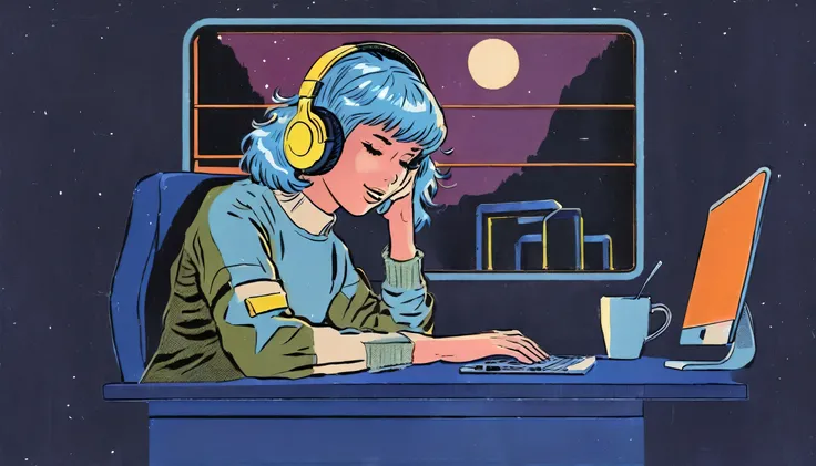 city pop style art, light blue hair, shortcuts, wearing headphones, futuristic yet lo-fi, retro, vintage, ghost,masterpiece, (( ...