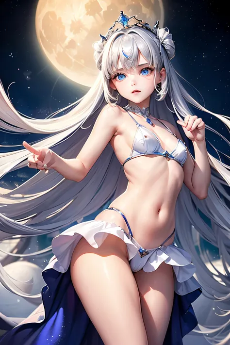 masterpiece,Best Quality,Very detailed,beautiful girl, teenager,Queen of the Moon,Giant Moon,Small breasts,Narrow waist,Straight silver hair,Perfect Blue Eyes,Very cute,Active pose