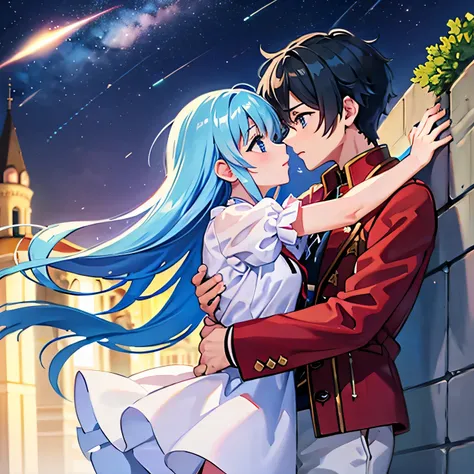 A girl with blue eyes and light blue hair, red blouse with yellow lines, pink panties and white skirt affectionately kissing a boy with short black hair on the lips, ojos marrones, lentes, red jacket with a night castle behind them and shooting stars in th...