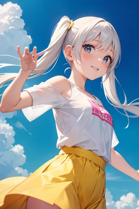 She is the embodiment of summer: carefree, vibrant, and a little bit mischievous. With her head tilted slightly to the side, she gazes directly at the viewer, a playful glint in her eye. Her loose, white t-shirt, adorned with sunny citrus motifs, billows g...