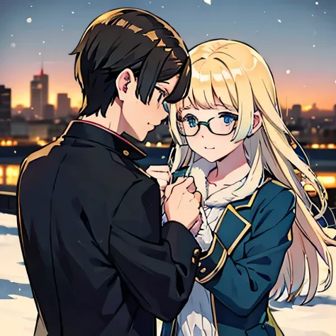 1 boy with black hair, red jacket and glasses romantically kissing a girl with blonde hair with green tipsand blue eyes, white d...