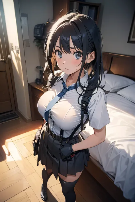 high quality, masterpiece, Ultra-high resolution, (realism: 1.4), Oil painting style, Cinema Lighting, , I stood on the empty asphalt road and looked at it.., And suspenders with flying cranes Large Breasts Small Face holster Lying in be...