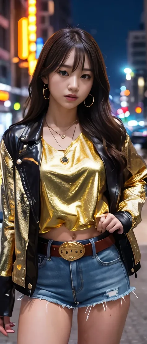 Gorgeous idol girl、whole body、Good style、、、、、、、、、、Thick legs、、Eagle Print Shirt、Gold punk jacket、Gold tight shorts、Cool girl face、、、、Hero Belt、、、Night City、Glowing Gold Building