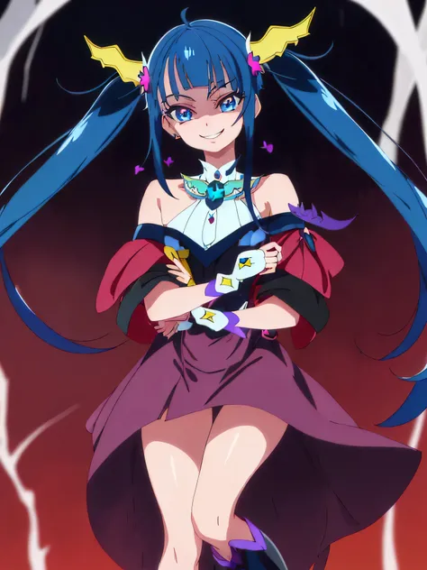 Highest quality, Very detailed,One Girl, alone, {cure_null_hirogarunullprecure:1.15}, Dark blue hair, blue eyes, Blue flames in the eyes, Long Hair, Twin tails, Magical girl, bangs, Open your mouth, Redhead, multicoloRedhead, One Girl, blunt bangs, Darken ...