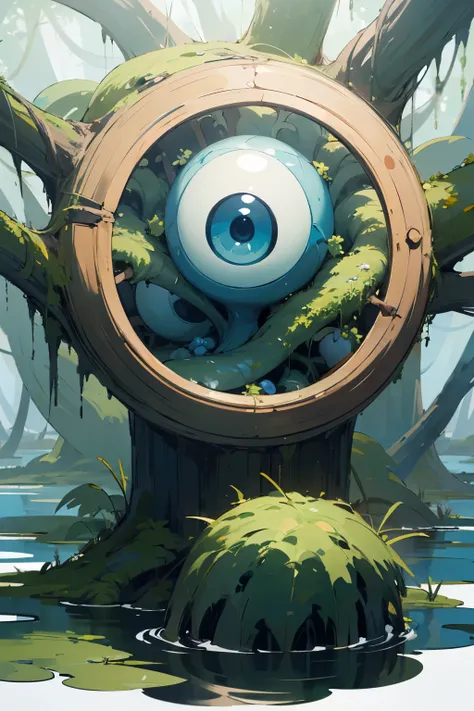 ((Best Quality)), ((masterpiece)), (detailed), Fantasy Scary Poison Swamp Tree々Overgrown、A water sphere with a large eye on top of a branch in the center