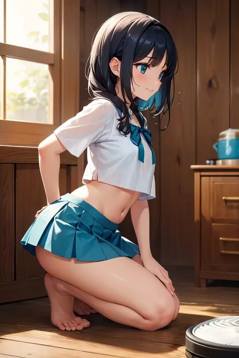 In this photorealistic scene, a PVC figure of a mischievous younger sister kneels in front of a miniature retro Showa-era electric fan, set against a white studio background. The camera captures the side view, focusing on the figure’s profile and the intri...