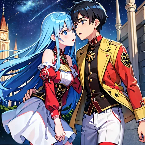 A girl with blue eyes and light blue hair, red blouse with yellow lines, pink panties and white skirt affectionately kissing a boy with short black hair on the lips, ojos marrones, lentes, red jacket with a night castle behind them and shooting stars in th...