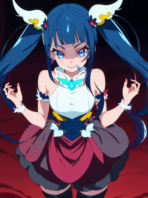 Highest quality, Very detailed,One Girl, alone, {cure_null_hirogarunullprecure:1.15}, Dark blue hair, blue eyes, Blue flames in the eyes, Long Hair, Twin tails, Magical girl, bangs, Open your mouth, Redhead, multicoloRedhead, One Girl, blunt bangs, Darken ...