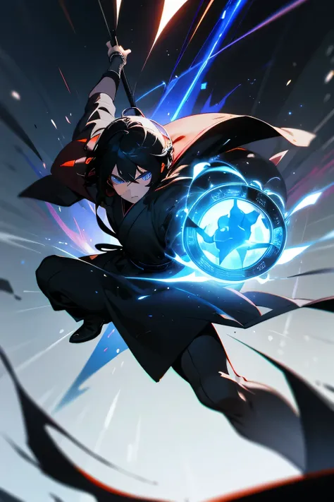 Concentrated and strong expression, Black Haired Boy, Black kimono with red accents, Dynamic palm strike pose, Magic circle in hand、Holding a translucent tortoise shell shield, Staring ahead with a sharp gaze, Sparkling blue eyes, Light and shadow play dra...