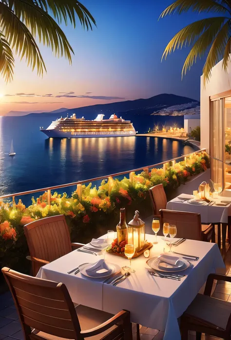 Cruise ship arrives at Greek port.A comfortable and relaxing resort...Gorgeous and elegant condominium hotel.A modern and beautiful city with distant views is a famous holiday destination.Beautiful beach with ocean views.outdoor swimming pool.Cold glass wi...