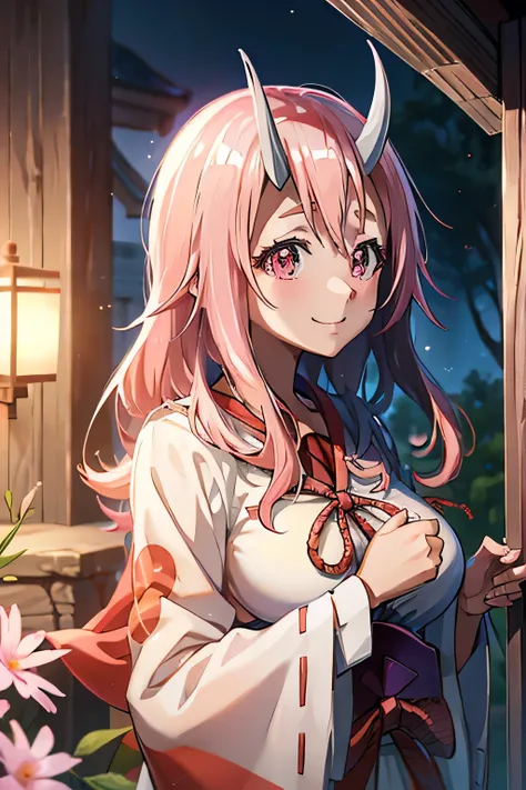 Masseter region, Best Quality, Ultra-high resolution, Best Quality, Anime Style, Best lighting, Beautiful Face, tensura, Shuna, Two white horns, Shrine maiden costume, Pink Hair, Hair length, Great smile, Upper Body,Focus on the face,Two Corners