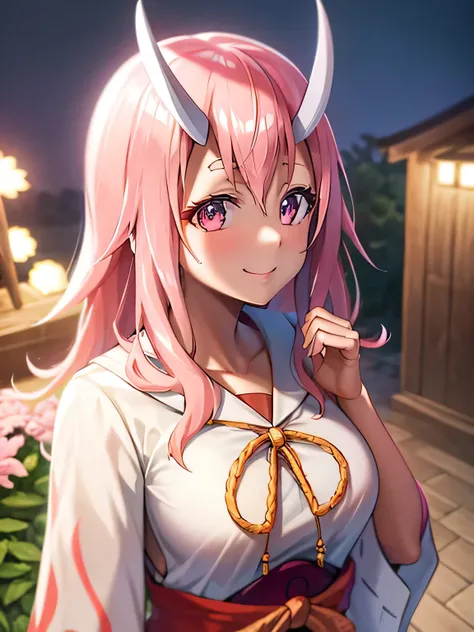 Masseter region, Best Quality, Ultra-high resolution, Best Quality, Anime Style, Best lighting, Beautiful Face, tensura, Shuna, Two white horns, Shrine maiden costume, Pink Hair, Hair length, Great smile, Upper Body,Focus on the face,Two Corners