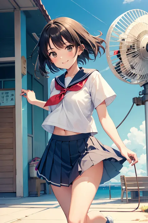 A mischievous younger sister, dressed in a sailor-style school uniform, stands in front of a retro Showa-era electric fan. The fan’s pastel-colored blades spin lazily as it whirrs, providing relief from the hot summer air. The girl, with a wide mischievous...