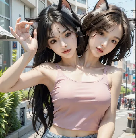 two heads, (masterpiece, best quality), best resolution, 1girl, catgirl with two heads, black hair, cat ears, different hair lengths, right head has long hair and left head has short hair, brown eyes, open mouth, happy, sassy, playful, talking to the viewe...