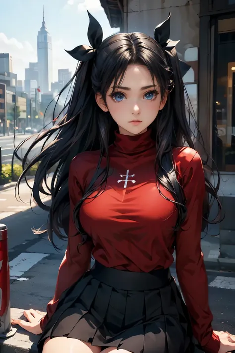 (masterpiece), best quality, expressive eyes, perfect face, 1girl, solo, rintohsaka, rin tohsaka, aqua eyes, black hair, hair ri...