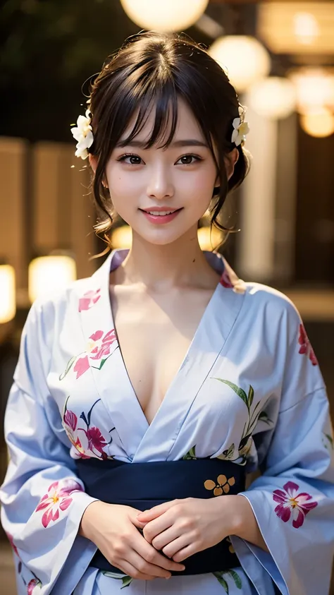 (masterpiece, Best Quality:1.4), Beautiful face, 8K, 85mm, absurderes, (floral pattern yukata:1.4), The upper part of the body, Exposing breasts, Violaceas, Gardenias, Delicate girl, Solo, Night, Looking at Viewer, Upper body, Film grain, chromatic aberrat...