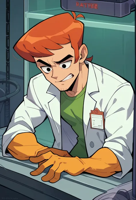 1boy, solo, teen, Dexter, Dexter lab, red hair, black eyes, lab coat, big screen behind, metal factory against background 