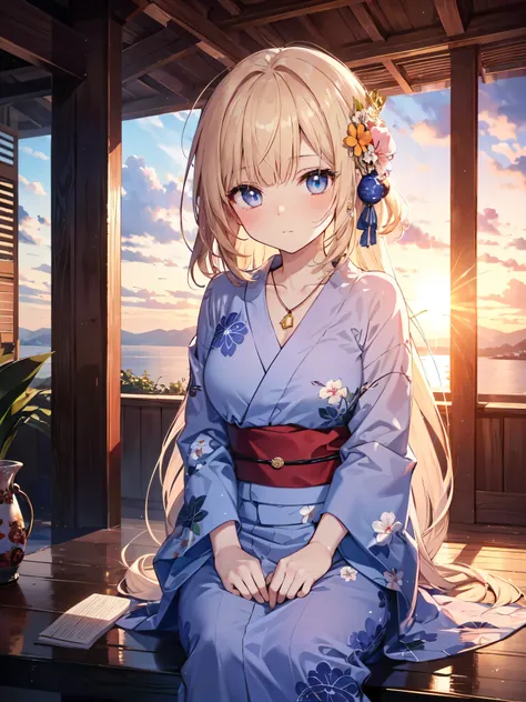 1 girl, Calm expression, Captivating eyes, Straight Long Hair, yukata, Calm posture, Porcelain-like skin, A faint blush, Crystal Pendant BREAK Golden Hour, (Rim Light):1.2, Warm tones, Solar flare, Soft Shadows, Vibrant colors, Painterly effect, Peaceful a...