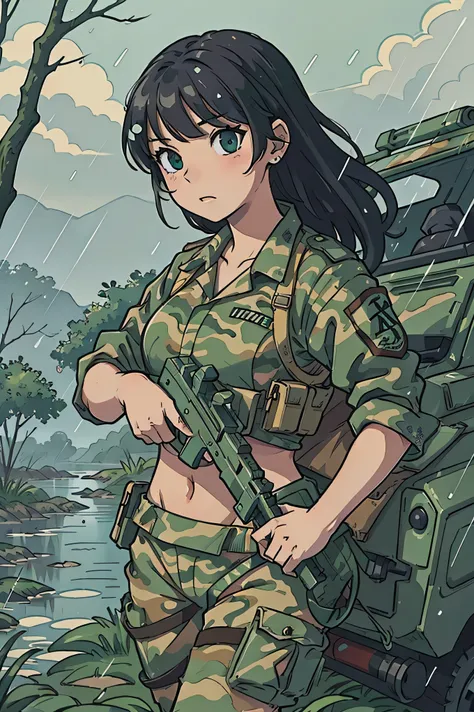 masterpiece, manga illustration a team of women with guns ,bikini camouflage uniform, ride through the swamp,rained