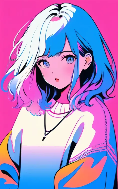 illustrator, anime , realistic ,sketch , 1 girl, ,lip, sweater,order, Blue gradient background, neon hair,Textured trim, (masterpiece,Best quality) ganyou、後ろ姿, 振り返る、