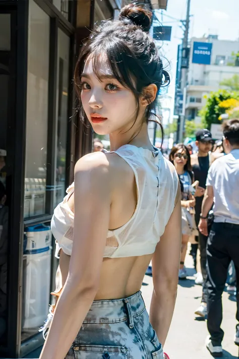 ((Masterpiece, high quality, ultra-detailed, ultra high quality, HD)),  1 Korean girl, black hair, high bun with athena bangs, thin cheeks, brown sleeveless top, white cargo pants, cute eyes, Karina Aespa, side back pose, in the town, best photoshoot, Kpop...