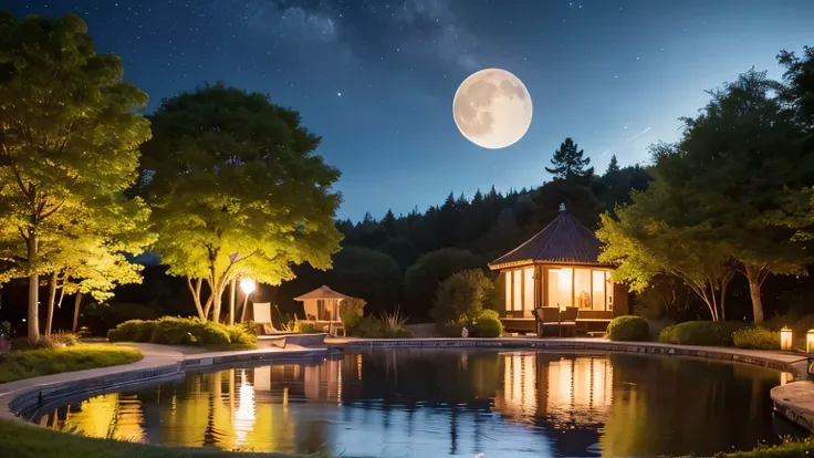 (best quality,highres),anime style,night scene,focused on the moon,stars,beautifully shining stars,full moon in the sky,tranquil scenery,silhouettes of trees under the moonlight,calm and peaceful atmosphere,night sky,luminous moonbeams,serene ambiance,moon...