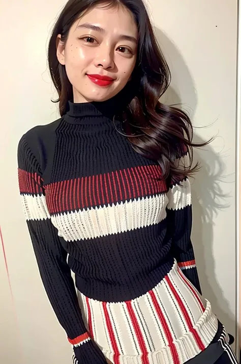 of the highest quality, 1 beautiful woman, age 28, S, 35mm lens, F/1, Cowboy Shot, Concrete background、Tile background、Straight hair、Sweat,red and black (stripe:1.8) (knitwear:1.4) 、light chestnut hair、Very long hair, very tight clothes, turtleneck,  smili...