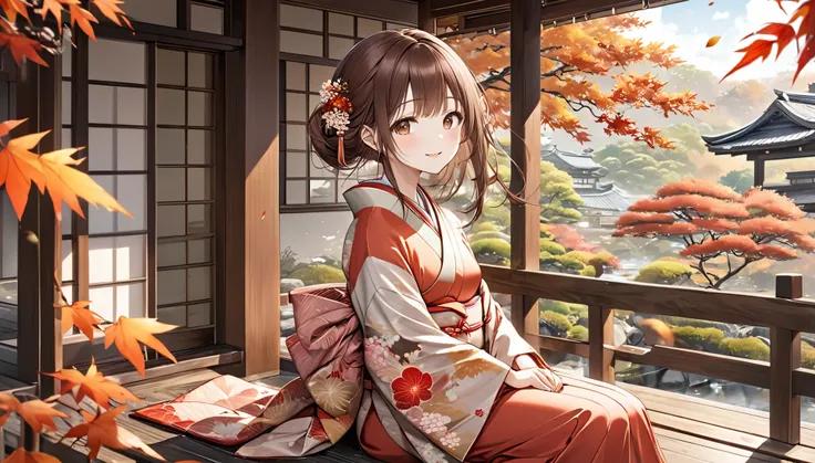 Brown Hair Girl、Japanese garden details、masterpiece, Best Quality, Light background：Expression of Japanese Garden：Clothes that make you feel relaxed and smile：Simple kimono pose：Beautiful kimono, Sitting on the porch、View of the scenery：Autumn leaves flutt...