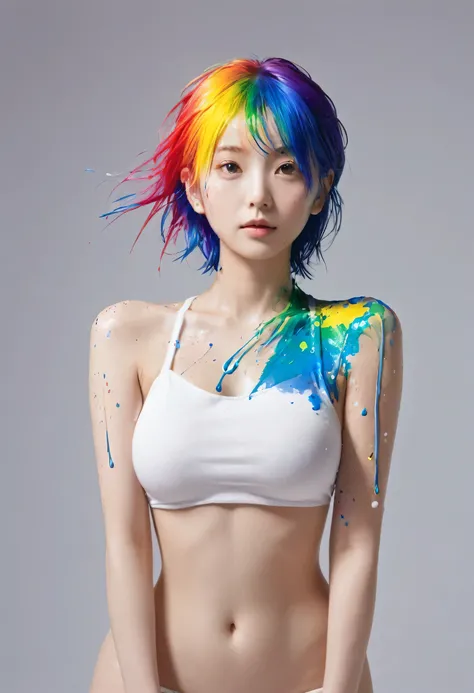 (Level Difference:1.8),(Paints collide、Splatter on canvas),(Written boundary depth),(Flat Color:1.1,(Theme)),1 person,Poster,, Young Face, Embarrassed expression, short hair, Medium Bust, (((She is getting liquid dye painted on her bare body with a brush.....