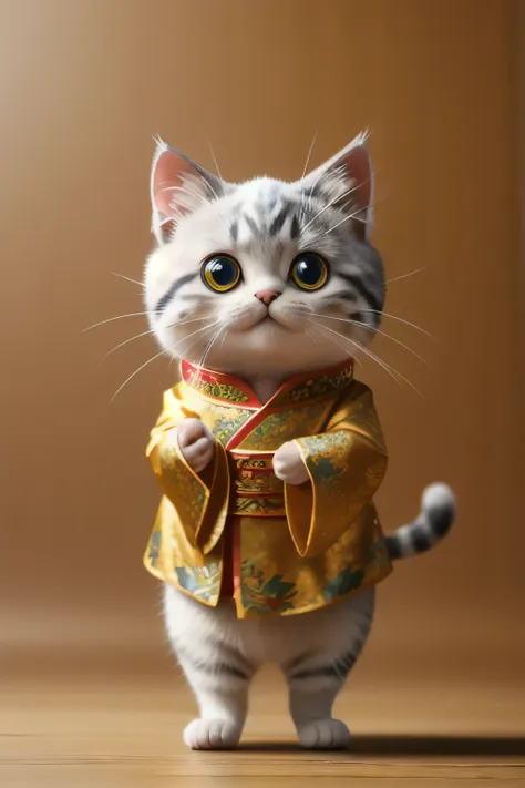 high quality、4k、kitten in a chinese dress costume、standing、smiling