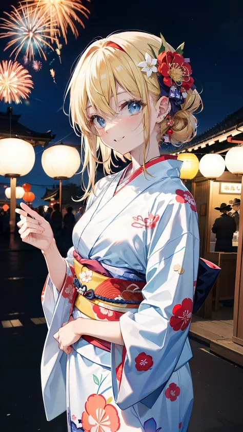 Alice Zuberg, bangs, blue eyes, Blonde, Hair between the eyes, Long Hair, Flower Hair Ornaments, hair tied back, hair band, ((yukata)), happy smile, smile, Open your mouth, Fireworks in the night sky, Fireworks, The place is a fireworks display, Time is ni...