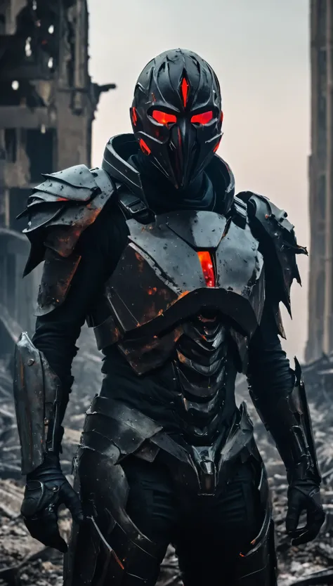 A breathtaking, cinematic science fiction portrait of the *Void Harbinger*, a terrifying masked figure standing amidst a ravaged, post-apocalyptic wasteland. The Harbingers face is completely concealed by a jagged, matte-black mask with no features—only a ...