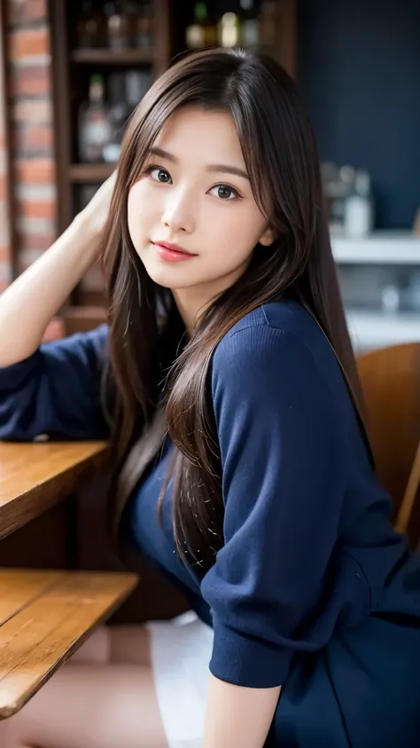 Look straight ahead, (Best Quality、8k、Realistic, Super Detail)、(Professional Lighting), Soft indirect lighting, One 20-year-old girl、Full-body portrait, (Detailed eye depiction）、（Dark brown long hair、bangs、Navy blue tight mermaid skirt)、(White and navy the...