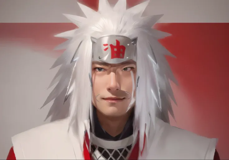 a close up of a person with a white hair and a red vest,jiraiya from naruti, he has long spiky white hairs, red line on face