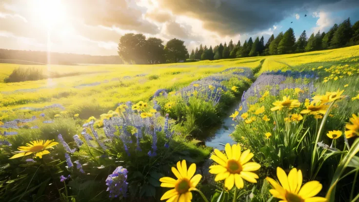 The sun is shining through the clouds、A field full of blue flowers, A stream flows、sunny meadow, Yellow and green filled with holy light, Sunshine, The Light of Life, Inspired by Phil Koch, Sunny landscape, Yellow and green, green and yellow, Yellow glowin...