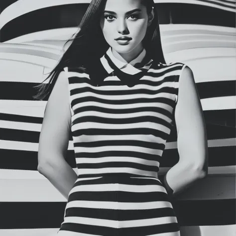 op art fashion, black and white, optical illusion, contoured curves、women fashion photography、black and whiteストライプの衣装、black and ...