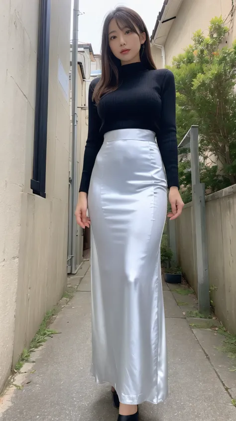 (masterpiece,Best Quality,Ultra-high resolution),Highly detailed CG, Perfect lighting、Perfect upper and lower body balance、(((Very beautiful Japanese woman)))、((High-waisted hobble pencil mermaid skirt in smooth satin)),(((Maxi length long skirt)))、The ski...