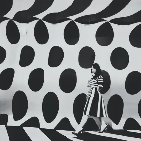 op art fashion, black and white, optical illusion, contoured curves、women fashion photography、black and whiteストライプの衣装、black and ...