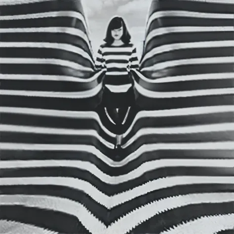 op art fashion, black and white, optical illusion, contoured curves、women fashion photography、black and whiteストライプの衣装、black and ...