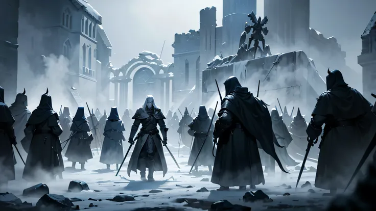 a medieval necromancer commanding an army of undead soldiers in the ruins of a snowy village, highly detailed, cinematic lighting, fantasy rpg style, dark and moody atmosphere, fallen stone walls, heavy snowfall, detailed armor and weapons, glowing magical...