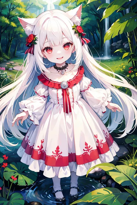 best quality, beautiful, detailed, highres, , a cat, hopeful, smiling, looking at viewer, very long hair, white hair, red eyes, pale skin, fair skin, petite, necklace, cute face, child, Heartwarming Scene, in the forest, with a rainbow waterfall, cute, ful...