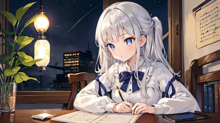 best quality, super fine, 16k, incredibly absurdres, extremely detailed, See notes,Delicate portrayal of the eyes,traditional era,a girl , studying ,night, writing,silver hair, so cute, beautiful time, relaxing,solo girl,writing,
