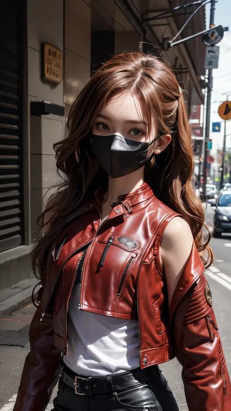 8K, ultra hd, masterpiece, hd colors, 1 girl, perfect face, very long curly hair, ((detailed eyes)), simple shirt, ((red leather jacket)), ((thin vest)), ((mask)), stars, bare shoulder, jwellery, at the road, lighting, (spot light), bloom, front body pose,