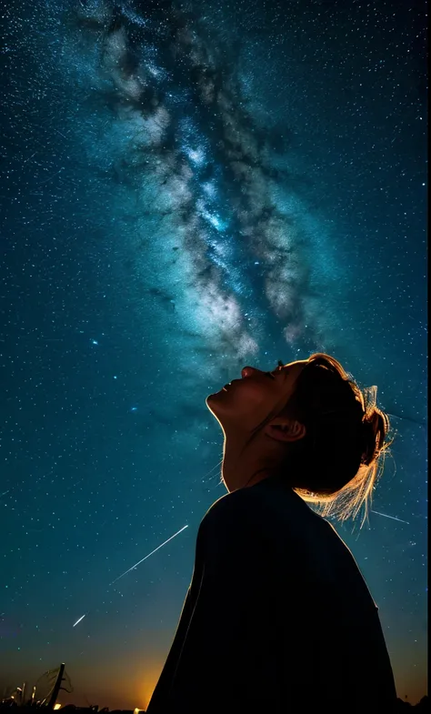 A Japanese woman gazing up at a night sky filled with twinkling stars. She is wearing a seer white blouse and her face, slightly blurred by the darkness, shows a subtle smile. The scene is serene and enchanting, with a focus on the starry sky and the gentl...
