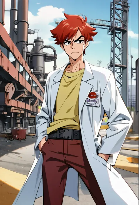 1boy, solo, teen, Dexter, Dexter lab, red hair, black eyes, lab coat, metal factory against background 