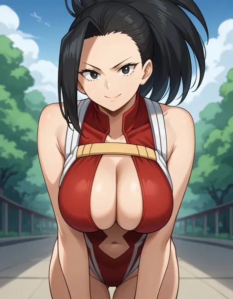 score_9, score_8_up, score_7_up, source_anime, best quality, clear face, 1girl, solo, yaoyorozu momo, long hair, bangs, black ha...